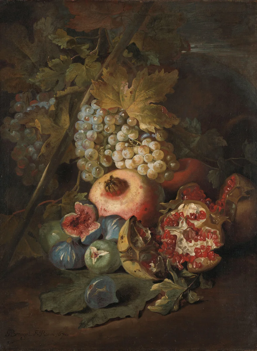 Bunches of Grapes, Pomegranates and Figs in a Landscape by Abraham Brueghel, painting, 1670