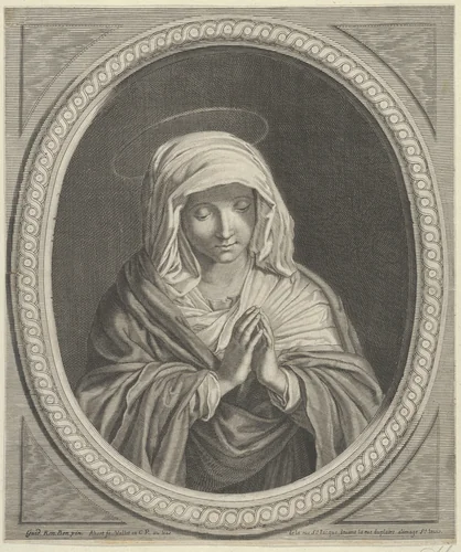 The Virgin in prayer in an oval frame, after Reni by anonymous, print, 1645-1704
