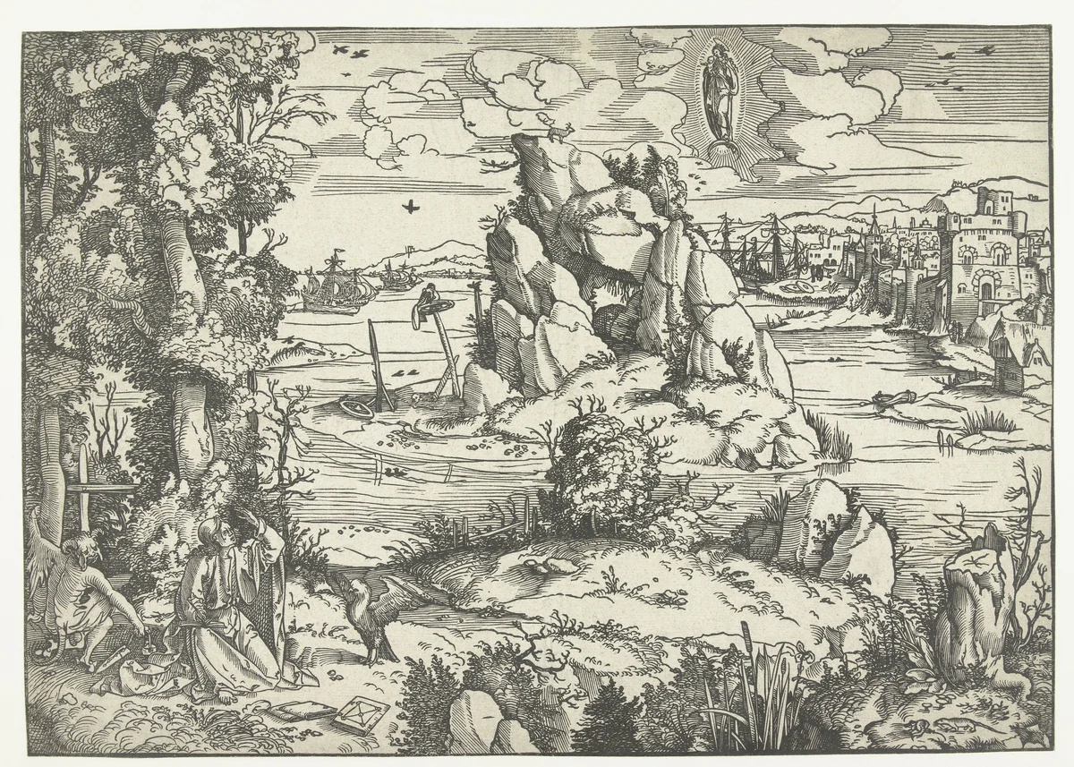 Johannes op het eiland Patmos by Jan Wellens de Cock, print, 1490-1528