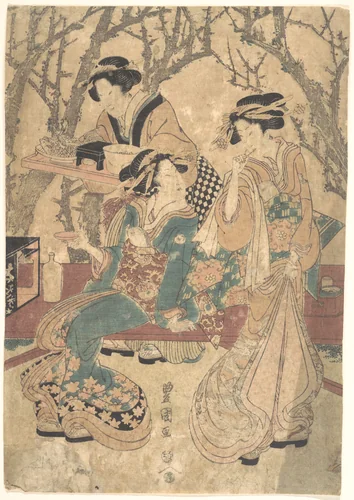 Three Women Dining Before a Group of Trees by Utagawa Toyokuni, print, 1769-1825
