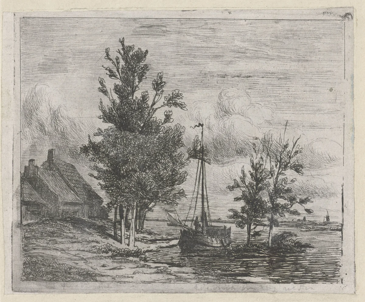 Rivierlandschap met zeilschip en boerderij by Lambertus Hardenberg, print, 1837-1900