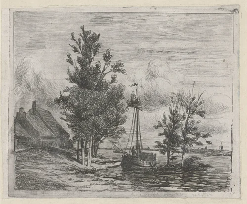 Rivierlandschap met zeilschip en boerderij by Lambertus Hardenberg, print, 1837-1900