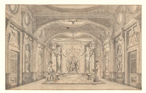 Gezicht op het podium van de schouwburg van Van Campen met voorstelling by anonymous, drawing, 1665-1772