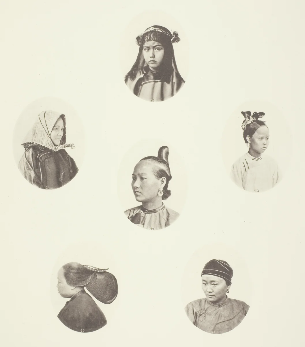 Headdress of Cantonese Girl; Winter Headdress; Coiffure of Swatow Woman; Coiffure of Swatow Woman; Coiffure of Ningpo Woman; Coiffure of Shanghai Woman by John Thomson, photograph, 1863-1873