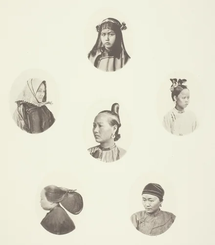 Headdress of Cantonese Girl; Winter Headdress; Coiffure of Swatow Woman; Coiffure of Swatow Woman; Coiffure of Ningpo Woman; Coiffure of Shanghai Woman by John Thomson, photograph, 1863-1873