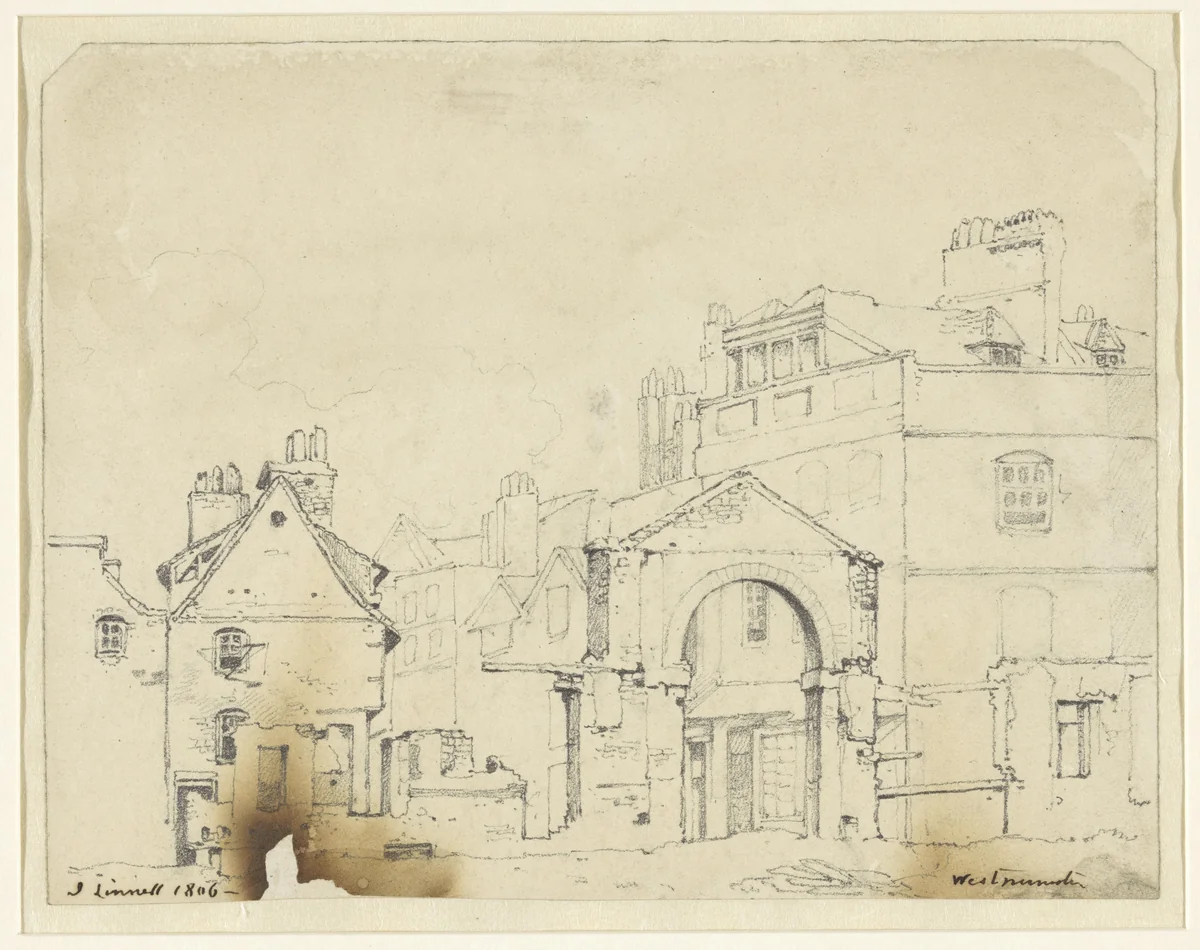 Huizen en een poort in Westminster by John Linnell, drawing, 1806
