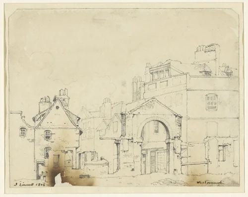 Huizen en een poort in Westminster by John Linnell, drawing, 1806