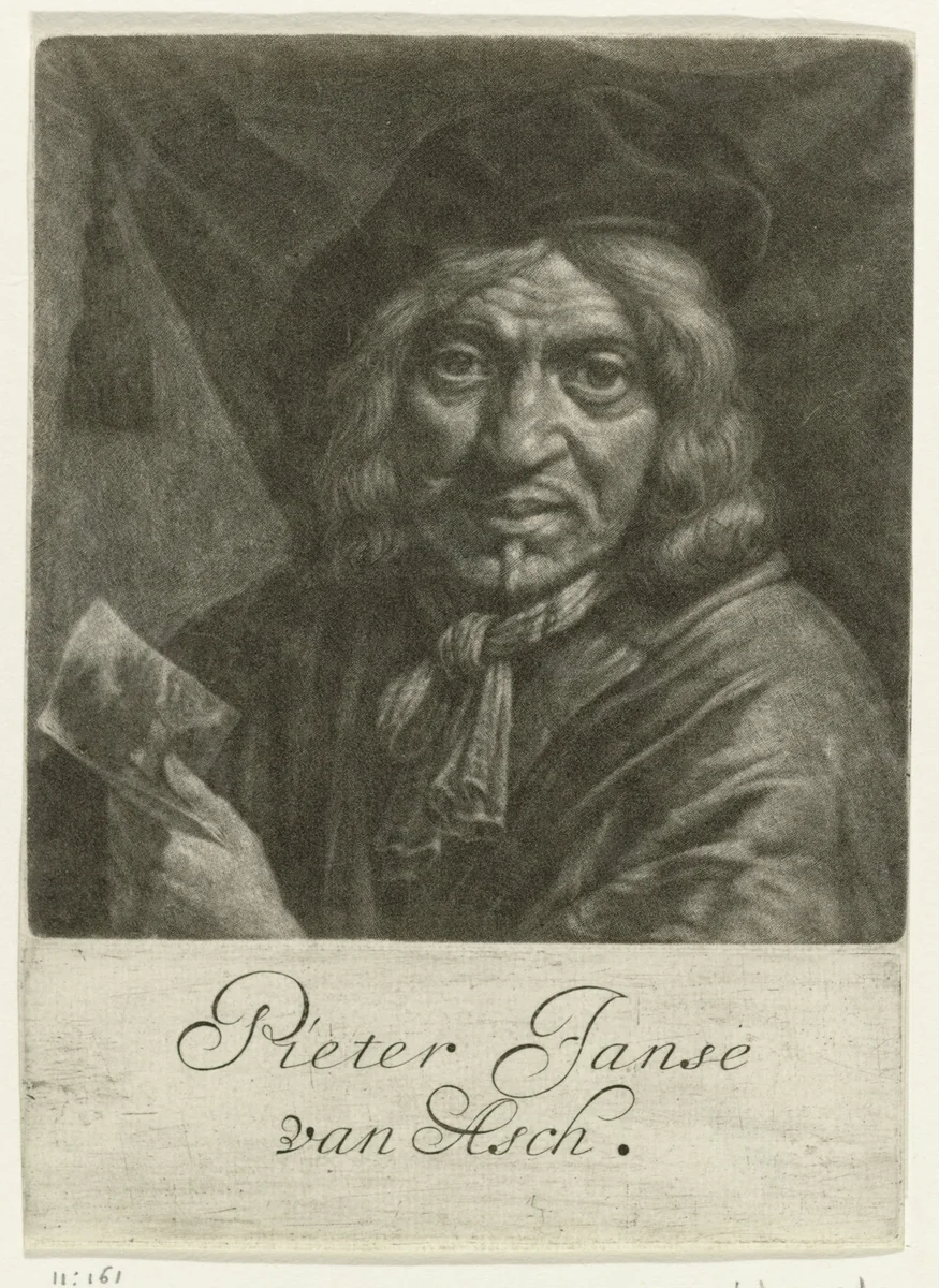 Zelfportret van Pieter Jansz. van Asch by Jan Verkolje, print, 1660-1693
