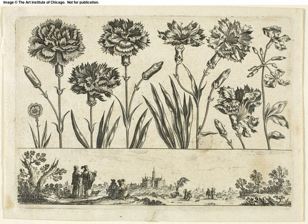 Flowers and Landscape, from Livre Nouveau de Fleurs... by Nicolas Cochin, print, 1645