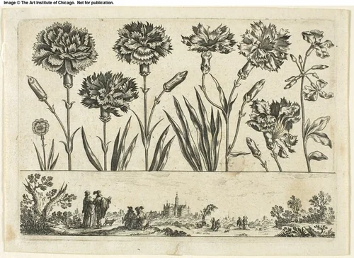 Flowers and Landscape, from Livre Nouveau de Fleurs... by Nicolas Cochin, print, 1645
