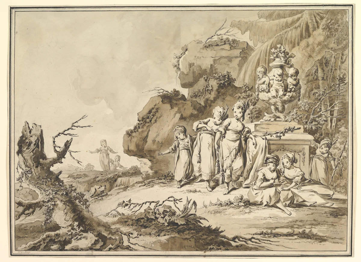 Landscape with Children in Oriental Costume by Tiberius Domenikus Wocher, drawing, 1773