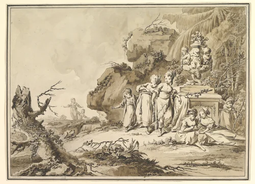 Landscape with Children in Oriental Costume by Tiberius Domenikus Wocher, drawing, 1773