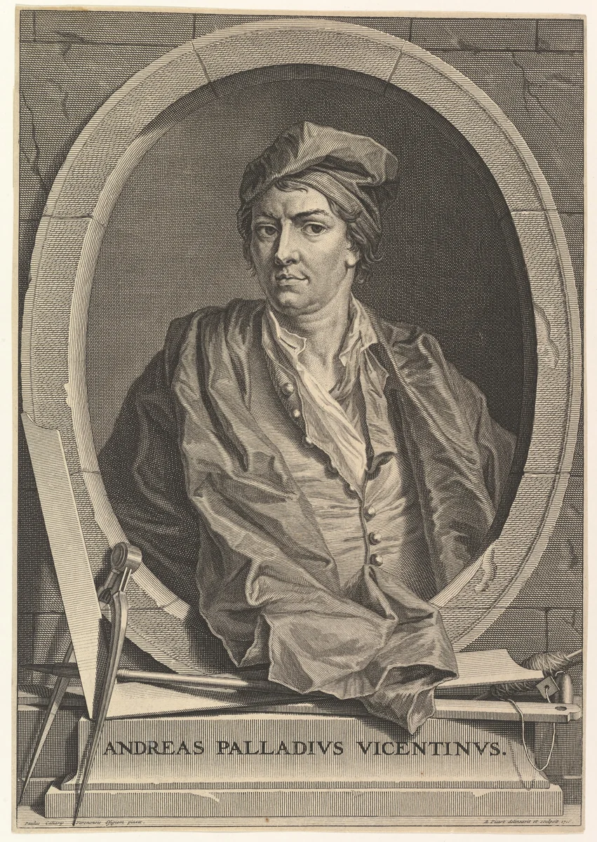 Portrait of Andrea Palladio in half-length within an oval frame; a compass, carpenter's square, and plumb line rest on the plinth below the oval, from an unidentified edition of "Architecture de Palladio", revised by Giacomo Leoni and translated by Nicholas du Bois by Bernard Picart, print, 1716
