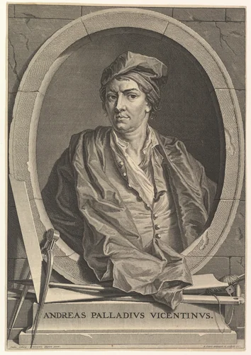 Portrait of Andrea Palladio in half-length within an oval frame; a compass, carpenter's square, and plumb line rest on the plinth below the oval, from an unidentified edition of "Architecture de Palladio", revised by Giacomo Leoni and translated by Nicholas du Bois by Bernard Picart, print, 1716