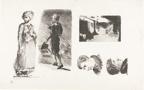 Sheet of Sketches by Eugène Delacroix, print, 1826