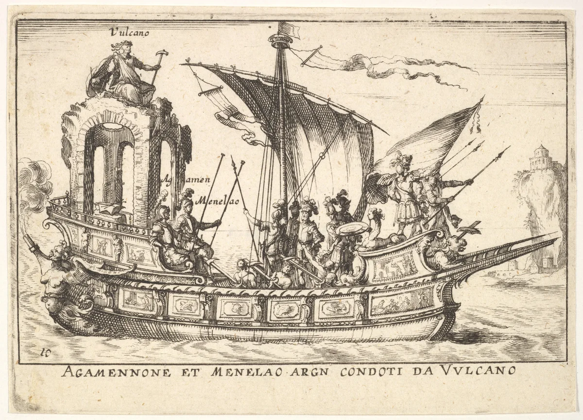 Plate 10: Agamemnon and Menelaus seated in a boat accompanied by other figures including Vulcan (Agamennone et Menelao Argn. condoti da Vulcano), from "The magnificent pageant on the river Arno in Florence for the marriage of the Grand Duke" (Le Magnifique carousel fait sur le fleuve de l'Arne a Florence, pour le mariage du Grand Duc) by anonymous, print, 1664