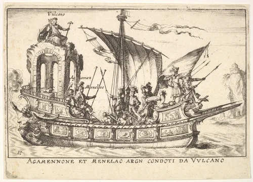 Plate 10: Agamemnon and Menelaus seated in a boat accompanied by other figures including Vulcan (Agamennone et Menelao Argn. condoti da Vulcano), from "The magnificent pageant on the river Arno in Florence for the marriage of the Grand Duke" (Le Magnifique carousel fait sur le fleuve de l'Arne a Florence, pour le mariage du Grand Duc) by anonymous, print, 1664