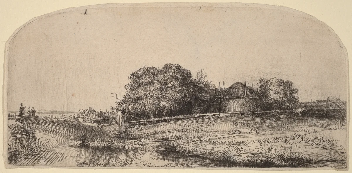 Landscape with a Hay Barn and a Flock of Sheep by Rembrandt van Rijn, print, 1652