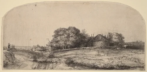 Landscape with a Hay Barn and a Flock of Sheep by Rembrandt van Rijn, print, 1652