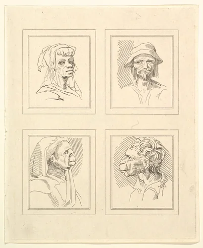 Four Heads (from Characaturas by Leonardo da Vinci, from Drawings by Wincelslaus Hollar, out of the Portland Museum) by Wenceslaus Hollar, print, 1786