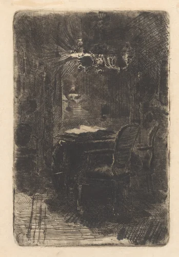 Interieur met spiegel en tafel met opengeslagen boek by Barbara van Houten, print, 1877-1950