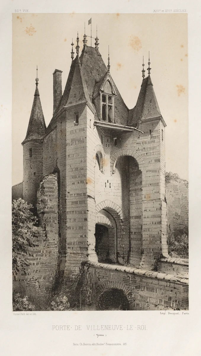Architecture Pittoresque ou Monuments des XVeme. Et XVIeme. Siecles: Chateaux de France des XV et XVI Siecles: Pl. 95, Porte de Villeneuve-Le-Roi (Yonne) by Victor Petit, print, 1860