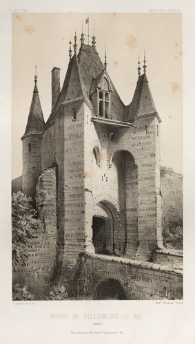 Architecture Pittoresque ou Monuments des XVeme. Et XVIeme. Siecles: Chateaux de France des XV et XVI Siecles: Pl. 95, Porte de Villeneuve-Le-Roi (Yonne) by Victor Petit, print, 1860