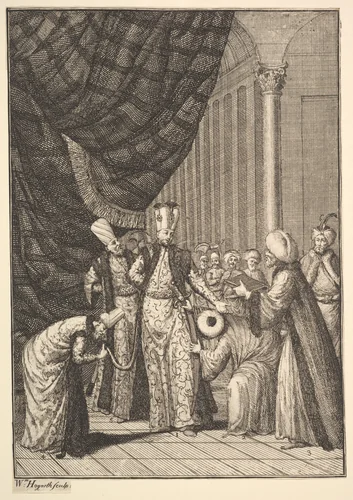 Sultan Ahmed III Crowned in the Mosque at Eyups (Aubry de La Mottraye's "Travels throughout Europe, Asia and into Part of Africa...," London, 1724, vol. I, pl. 17B) by William Hogarth, print, 1723-1724