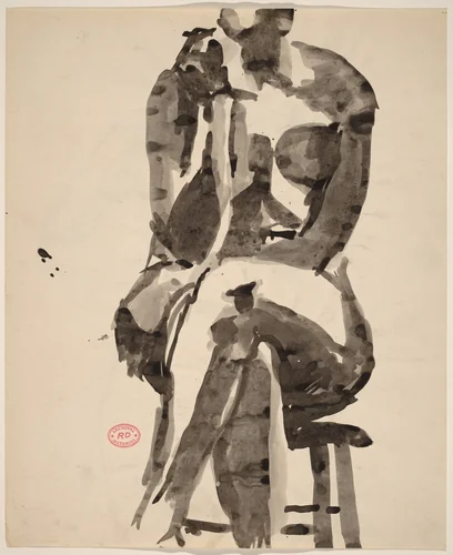 Untitled [front view of a female nude seated on a stool] [recto] by Richard Diebenkorn, drawing, 1955-1967