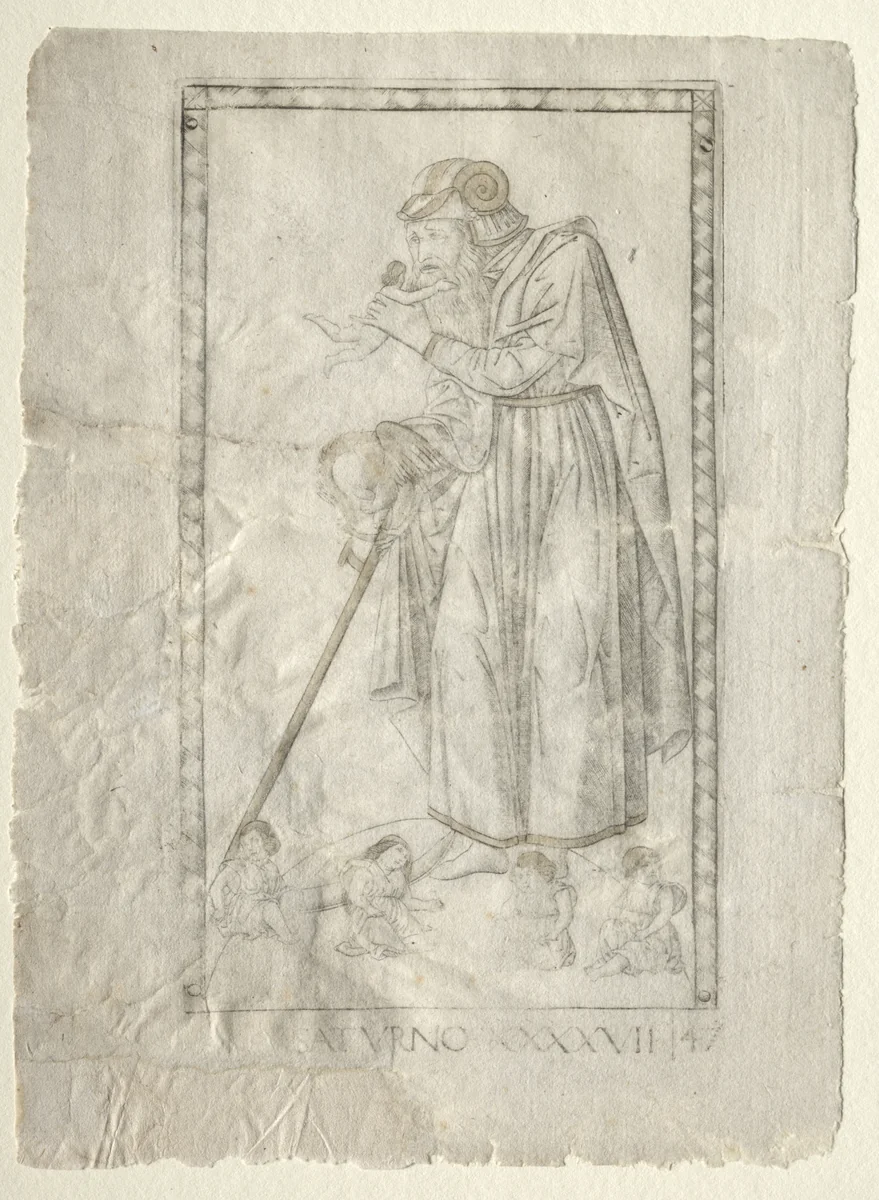 Saturn (from the Tarocchi, series A: Firmaments of the Universe, #47) by Master of the E-Series Tarocchi, print, 1457-1467