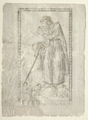 Saturn (from the Tarocchi, series A: Firmaments of the Universe, #47) by Master of the E-Series Tarocchi, print, 1457-1467