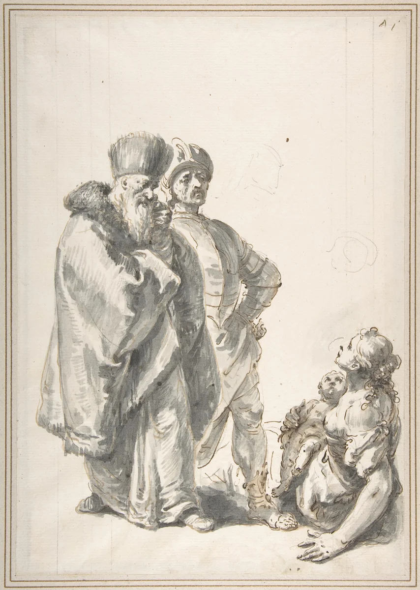 Two Standing Male Figures and Seated Woman with a Child by Francesco Fontebasso, drawing, 1760-1769