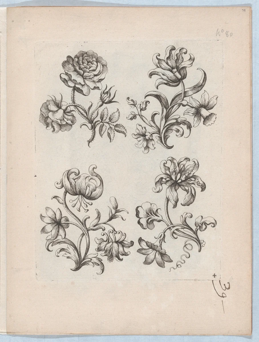 Series of Small Flower Motifs, Plate 4 by Paul Androuet Ducerceau, print, 1665-1675