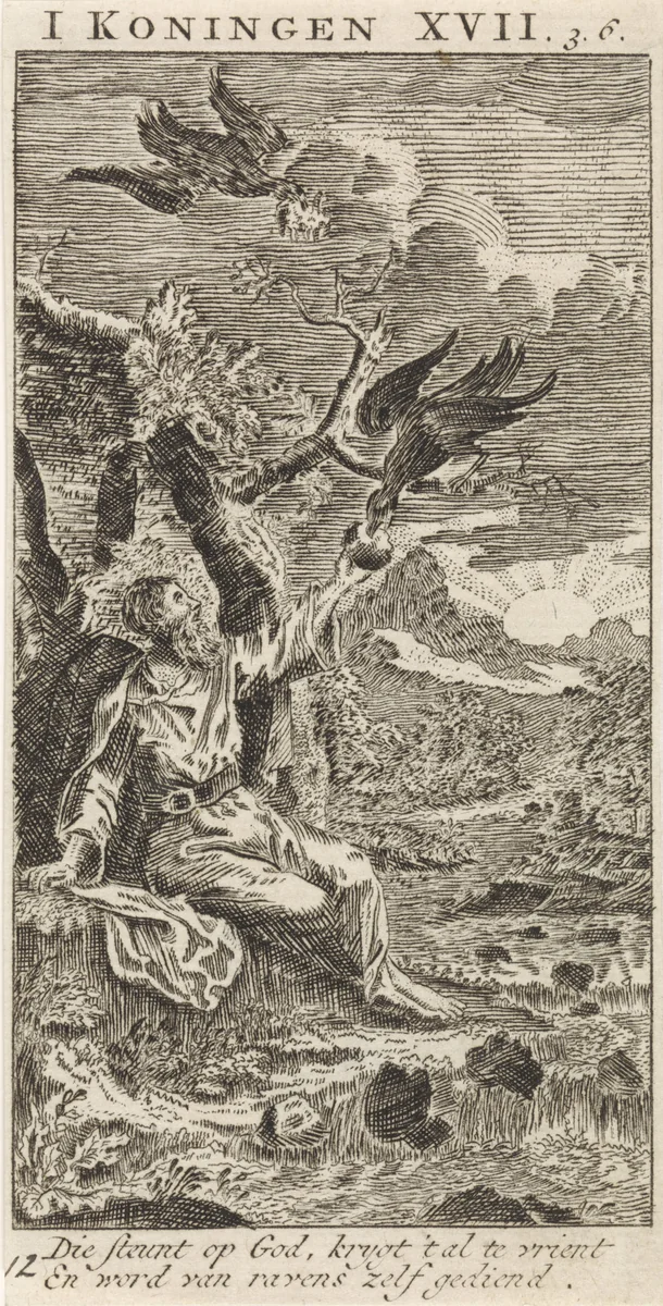 Elia gevoed door raven by anonymous, print, 1712
