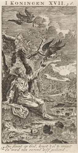 Elia gevoed door raven by anonymous, print, 1712