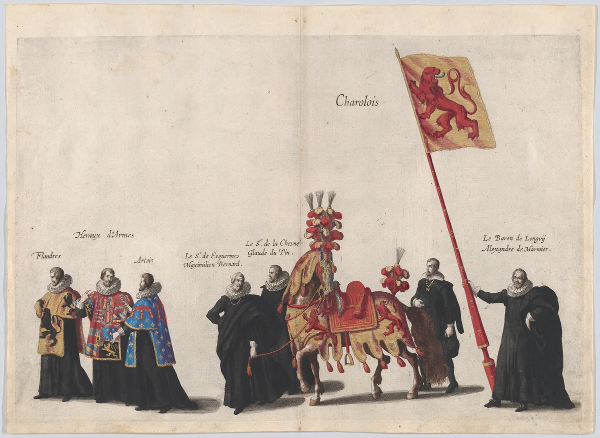 Plate 35: Men with heraldic flags and horses from Charolois marching in the funeral procession of Archduke Albert of Austria; from 'Pompa Funebris ... Alberti Pii' by Cornelis Galle, print, 1623