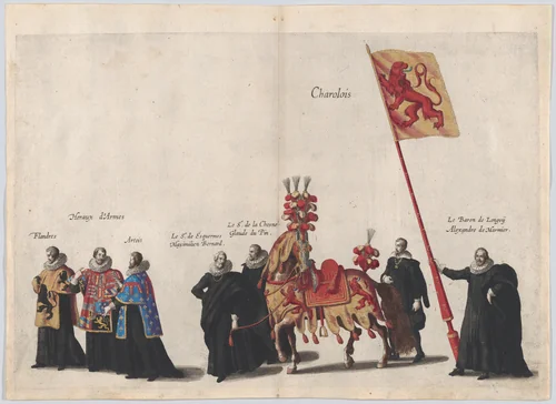 Plate 35: Men with heraldic flags and horses from Charolois marching in the funeral procession of Archduke Albert of Austria; from 'Pompa Funebris ... Alberti Pii' by Cornelis Galle, print, 1623