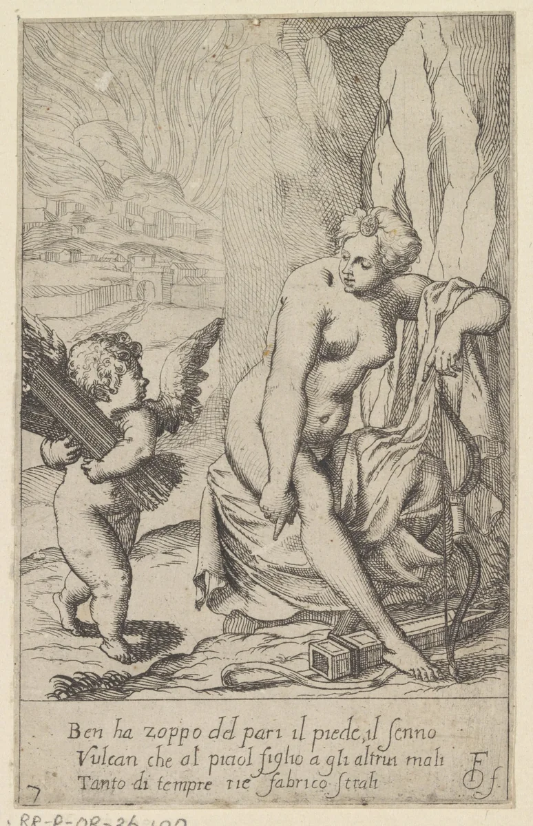 Amor draagt bundel pijlen naar zijn koker by anonymous, print, 1617