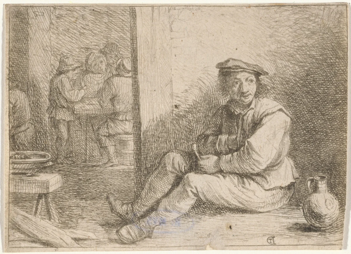 Op de grond zittende boer by anonymous, print, 1626-1740