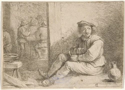 Op de grond zittende boer by anonymous, print, 1626-1740