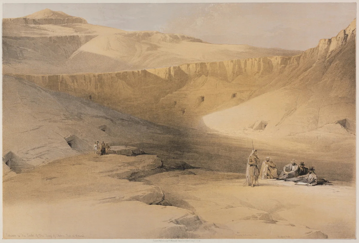 Egypt and Nubia, Volume II: Entrance to the Tombs of the Kings of Thebes, Bab-El-Malouk by Louis Haghe, print, 1848