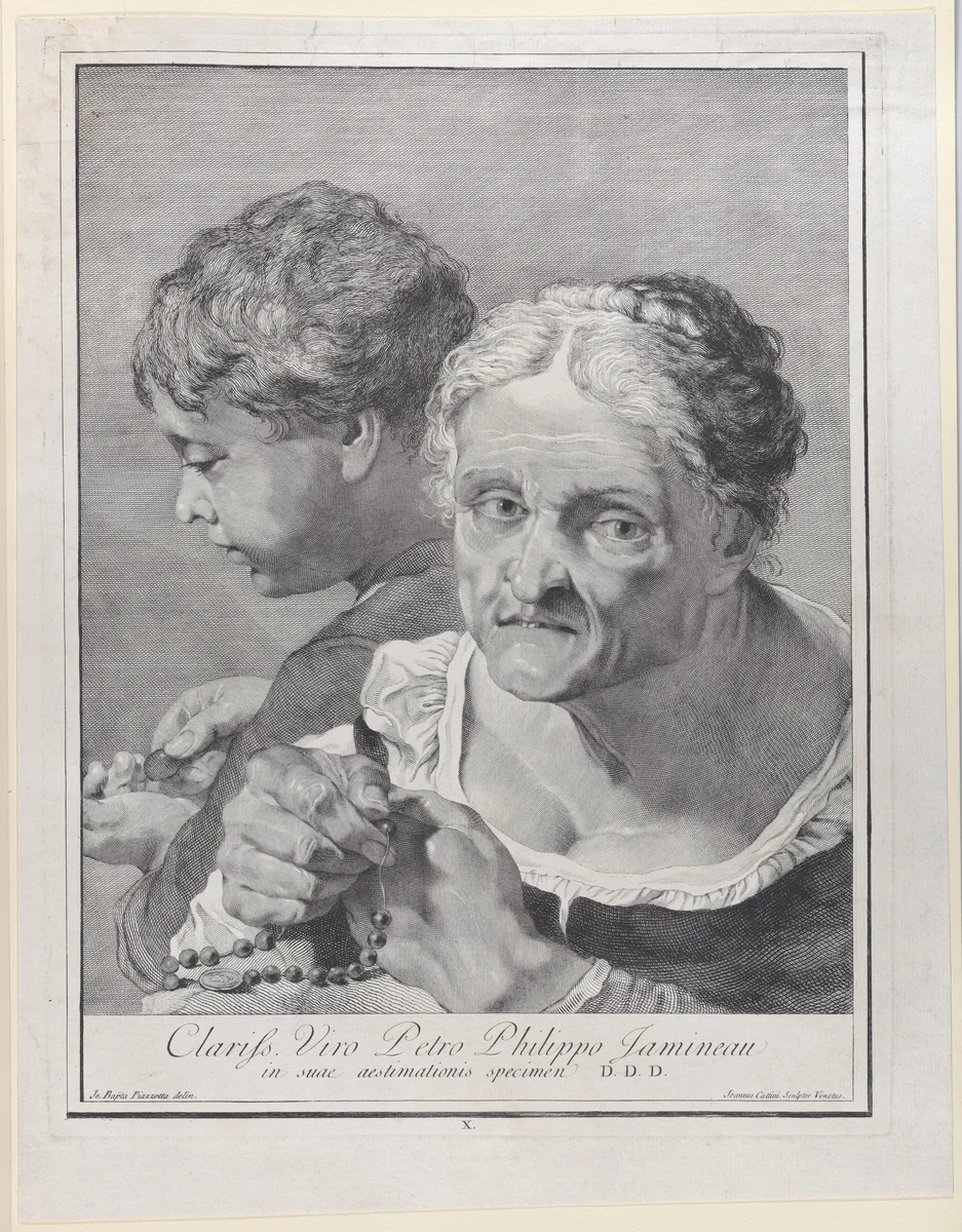 Plate 10: Old woman with a rosary and a boy counting coins; from 'Icones ad vivum expressae' after Giovanni Battista Piazzetta by Giovanni Cattini, print, 1743