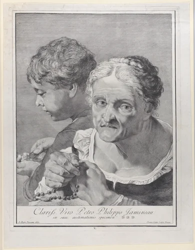Plate 10: Old woman with a rosary and a boy counting coins; from 'Icones ad vivum expressae' after Giovanni Battista Piazzetta by Giovanni Cattini, print, 1743