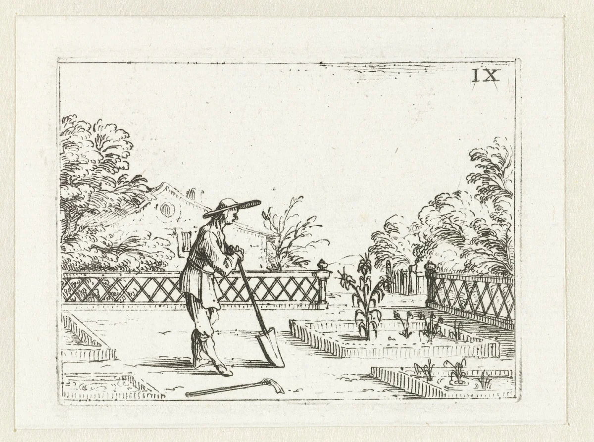 Een tuinman bekijkt zijn lelies by Jacques Callot, print, 1625-1629