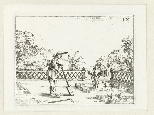 Een tuinman bekijkt zijn lelies by Jacques Callot, print, 1625-1629