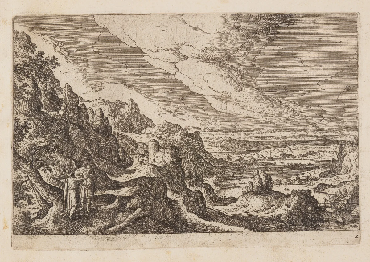 Plate 2, from Landscapes with Scenes from the Old and New Testament and Ovid’s Metamorphoses by Hans Bol, print, 1574