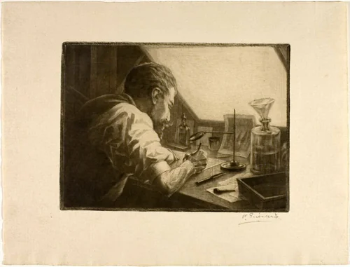 Self-Portrait Preparing an Etching by Henri Charles Guérard, print, 1885-1890