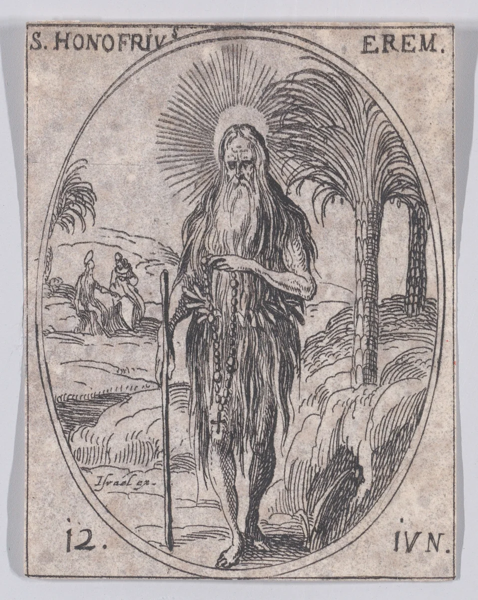 S. Honufre, ermite (St. Onouphrius, Hermit), June 12th, from "Les Images De Tous Les Saincts et Saintes de L'Année" (Images of All of the Saints and Religious Events of the Year) by Jacques Callot, print, 1636