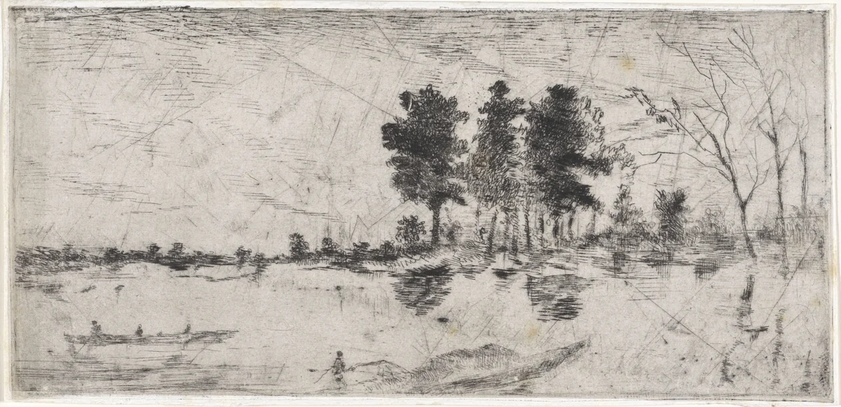 Landschap met twee roeiboten by Arnoud Schaepkens, print, 1831-1904