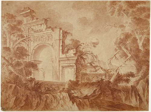 Figure Standing in Classical Ruins by Jean Laurent Legeay, drawing, 1730-1786